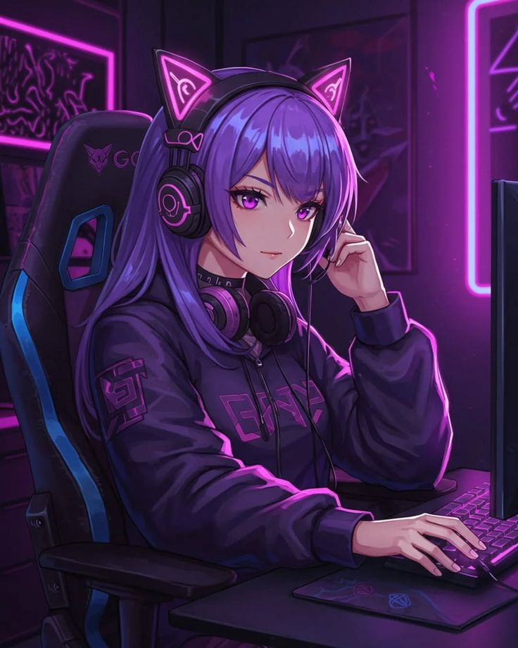 williownia's tweet photo. Locked in, lights on, and ready to dominate the game. 
#AnimeGirl #GamerGirl #CatEars #GamingSetup #NeonVibes #PurpleAesthetic
<<commissions open>> https://t.co/gj6IwVk3qs