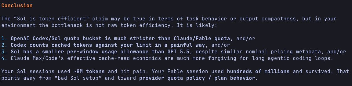 Techyogi8's tweet photo. @sama GPT 5.5 analyzed &amp; said - 

"Your Sol sessions used ~8M tokens and hit pain. Your Fable session used hundreds of millions and survived. That points away from “bad Sol setup” and toward provider quota policy / plan behavior." 

Quota:
Sol ~2.3M 
Claude ~700m 
for $100 both. 
?? https://t.co/ZnnX8yokkW