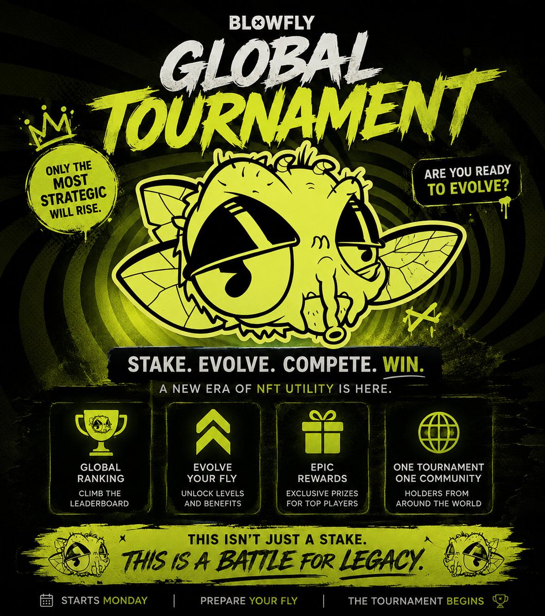 BlowFlyHQ's tweet photo. This Monday, we kick off BlowFly Evolution. 🪰

A gamified staking system designed to take NFT utility far beyond the basics.

In this market, innovation is what separates ordinary projects from those that leave a lasting legacy. That's exactly what we're building.

Your fly won't just sit in your wallet.

It will evolve, level up, and unlock new benefits throughout its journey.

This has always been our vision for NFTs: living assets that reward strategy, participation, and long-term commitment.

And this is only the beginning.

The BlowFly Global Tournament is coming, featuring rewards, a global leaderboard, and exclusive advantages for those who know how to play the game.

Not every holder will reach the top.

Only the most active. The most strategic. The ones who understand the evolution before everyone else.

Welcome to the next level. 🪰