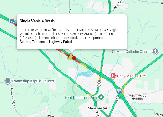 LiveTraffic2's tweet photo. Coffee County/Manchester Area- A crash being cleared on I-24 eastbound at 109 mm 1:53pm CT. https://t.co/ILgxs2IWz7 #CommanderChuck #Nashville #Chattanooga #Tennessee #TDOT #Traffic #TrafficAlert #Follow #Weather #Gas https://t.co/QzzqOzV29y
