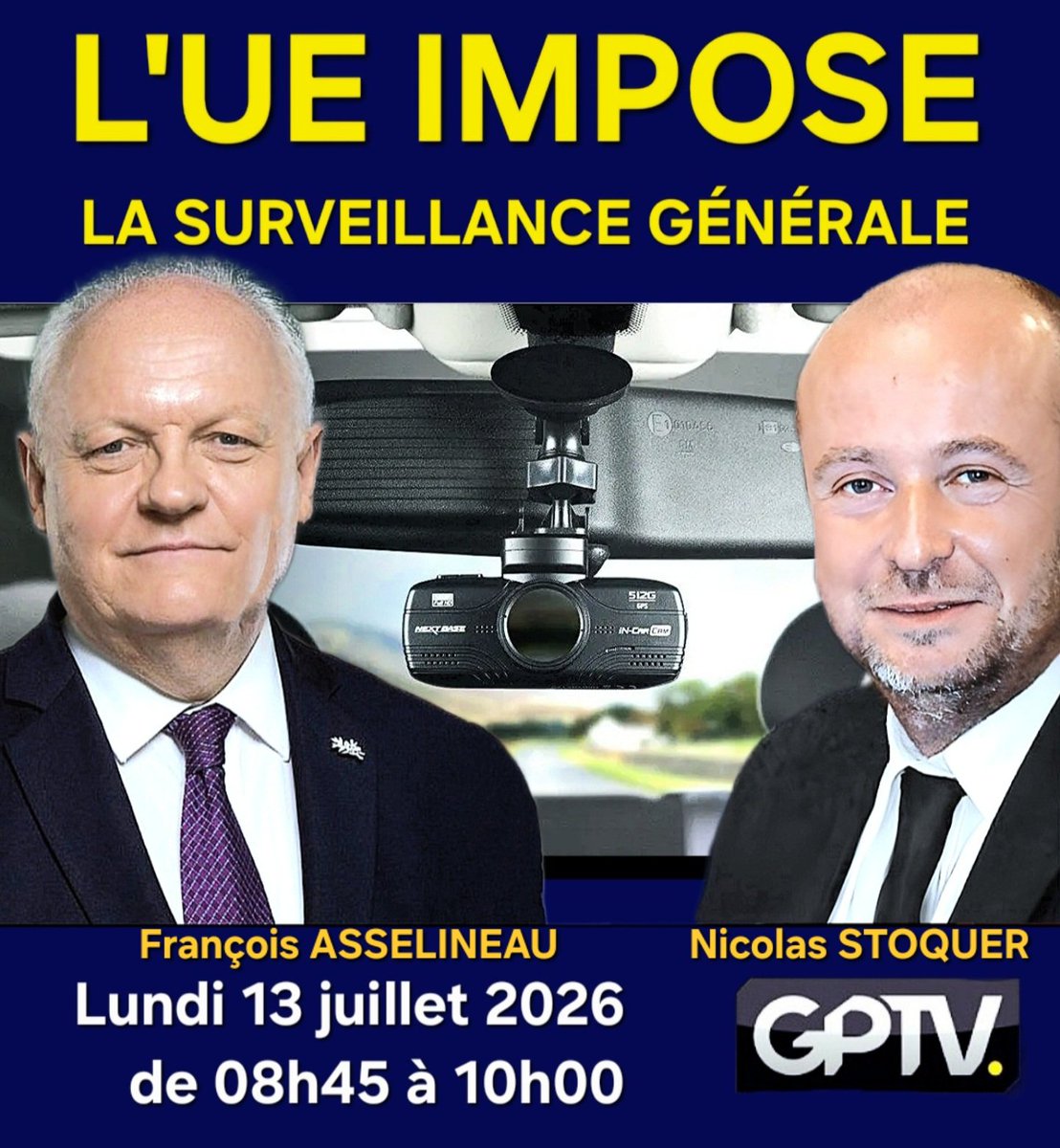 f_asselineau's tweet photo. ⚠️ JE SUIS L'INVITÉ DE LA MATINALE
DE NICOLAS STOQUER SUR GPTV
ce lundi 13 juillet 2026,
de 8h45 à 10h00. https://t.co/J7LWeDx7ty