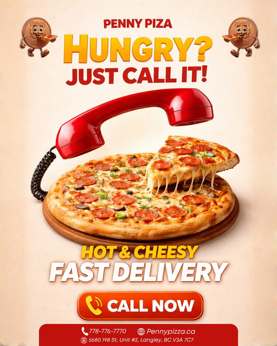PennyPizzaCa's tweet photo. 🍕 Hungry? Just call it! 📞

Hot, cheesy, and delivered fast—your favorite pizza is only one call away!

📍 5680 198 St, Unit #2, Langley, BC
📞 778-776-7770
🌐 https://t.co/DNB7tLQCuW

#PennyPizza #PizzaDelivery #LangleyEats #HotAndCheesy #PizzaTime https://t.co/6L9a4gqXNb