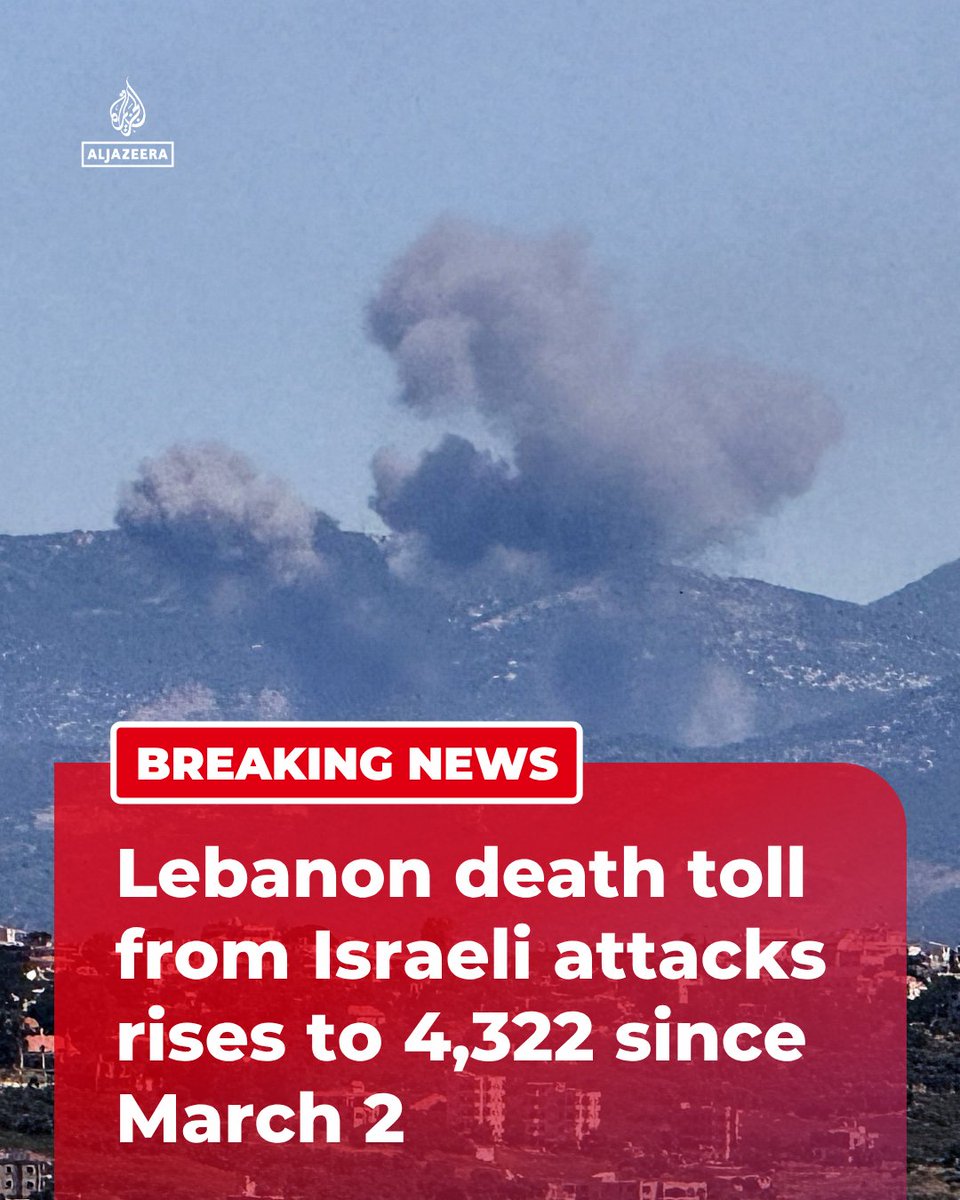 AJEnglish's tweet photo. BREAKING: The death toll from Israel’s attacks on Lebanon since March 2 has risen to 4,322, with 12,210 others wounded, says the country's Ministry of Public Health.

🔴 LIVE updates: https://t.co/tUhR3oEDhA https://t.co/ZomD7jkBpc