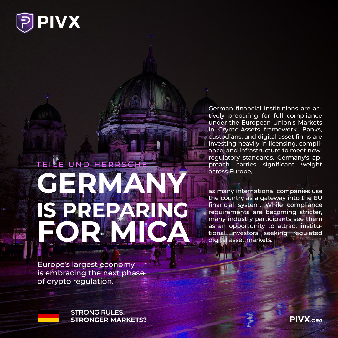 _PIVX's tweet photo. Germany's MiCA rollout shows traditional finance is embracing blockchain.

But crypto wasn't built to make banks more efficient. It was built to give individuals control over their own assets.

Regulation may grow the industry. Self-custody is what preserves its original purpose.

Do you think crypto is becoming more free or more regulated?

#Crypto #MiCA #PIVX