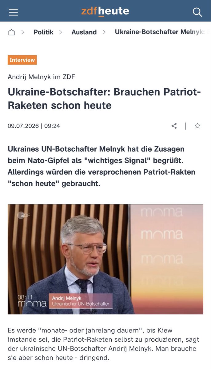 MelnykAndrij's tweet photo. Die Ukraine braucht Patriot-Munition HEUTE, nicht erst übermorgen, um die Menschen vor den barbarischen Angriffen Russlands mit ballistischen Raketen zu schützen. Dass die USA uns endlich erlauben, die Munition selbst zu produzieren, ist ein wichtiges Signal. Doch das wird Jahre dauern https://t.co/fjbXdDpbcE