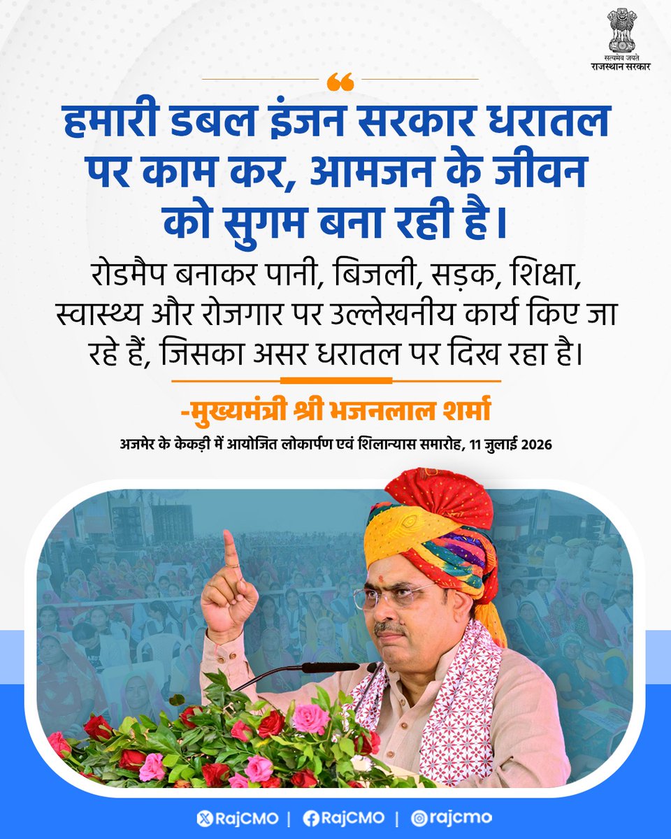 RajCMO's tweet photo. हमारी डबल इंजन सरकार धरातल पर काम कर, आमजन के जीवन को सुगम बना रही है।
@BhajanlalBjp
#आपणो_अग्रणी_राजस्थान https://t.co/8SYcErQc4w