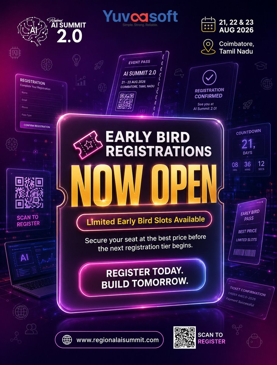 RegionalAI's tweet photo. Eight lakhs in prizes. 
Four competitions. 
One stage. 
One city.

Regional AI Summit 2.0 is here and it is built for you.
Coimbatore. August 21 to 23, 2026.

The future belongs to those who build. Will you be one of them.

👉 https://t.co/UnuK2N6lVq

#AISummit #RAS2026 #Kovai https://t.co/QYRo3UMXyP
