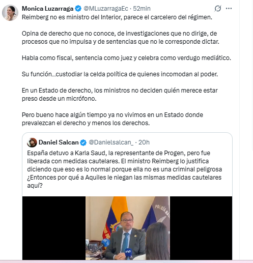 EcEnDirecto's tweet photo. #ATENCIÓN 
La jurista @MLuzarragaEc cuestionó las declaraciones del ministro del Interior, @JohnReimberg, respecto al caso de Karla Saud y las medidas cautelares otorgadas en España.
"Reimberg no es ministro del Interior, parece el carcelero del régimen. Opina de derecho que no conoce, de investigaciones que no dirige, de procesos que no impulsa y de sentencias que no le corresponde dictar. Habla como fiscal, sentencia como juez y celebra como verdugo mediático. Su función…custodiar la celda política de quienes incomodan al poder", subrayó.