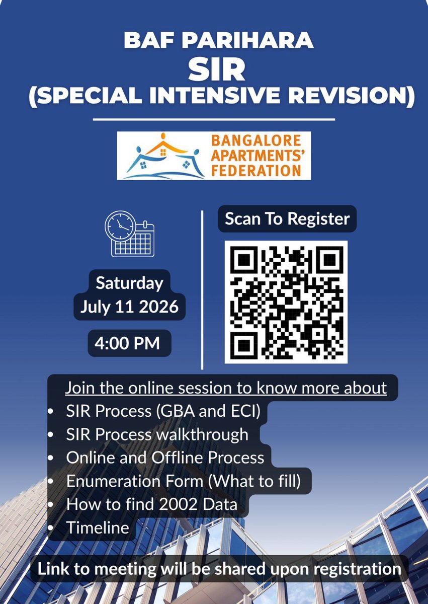 BAFBLR's tweet photo. BAF Parihara on #SIR 

Bangalore Apartments’ Federation (BAF) expresses its, its members and citizens sincere thanks and appreciation to the 

- Shri Maheshwar Rao, IAS, 
GBA Chief Commissioner, 

City Commissioners, 
- Shri Ramesh K N, IAS, South, 
- Shri Pommala Sunil Kumar, IAS, North, 
- Dr. Rajendra K V, IAS, West, 
- Shri Ramesh D S, IAS, East, 
- Shri Jagadeesha G, IAS, Central

 for addressing the BAF Parihara session focussed on 
SIR (Special Intensive Revision), and interactively answering Citizens queries, during the 2h 15m duration session.

The session can be seen on : 

https://t.co/d8EQH4jzqQ

The GBA CC exhorted Residential Communities and participants to volunteer and bridge the coordination between the Residents and the Election Officials. Those interested may please fill and submit the below form to express their interest in volunteering.

https://t.co/IDNvSzSy23

@GBA_office @GBAChiefComm @BECCUPDATES @comm_blr_south @BNCCofficial @BWCCofficial @BCCCofficial @ECISVEEP @ceo_karnataka 

#Karnataka #Bangalore #BAF #BAFBangalore #Apartments
