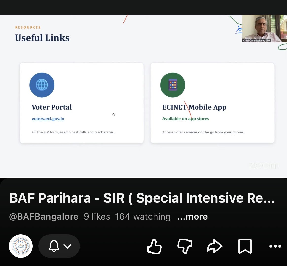 BAFBLR's tweet photo. BAF Parihara on #SIR 

Bangalore Apartments’ Federation (BAF) expresses its, its members and citizens sincere thanks and appreciation to the 

- Shri Maheshwar Rao, IAS, 
GBA Chief Commissioner, 

City Commissioners, 
- Shri Ramesh K N, IAS, South, 
- Shri Pommala Sunil Kumar, IAS, North, 
- Dr. Rajendra K V, IAS, West, 
- Shri Ramesh D S, IAS, East, 
- Shri Jagadeesha G, IAS, Central

 for addressing the BAF Parihara session focussed on 
SIR (Special Intensive Revision), and interactively answering Citizens queries, during the 2h 15m duration session.

The session can be seen on : 

https://t.co/d8EQH4jzqQ

The GBA CC exhorted Residential Communities and participants to volunteer and bridge the coordination between the Residents and the Election Officials. Those interested may please fill and submit the below form to express their interest in volunteering.

https://t.co/IDNvSzSy23

@GBA_office @GBAChiefComm @BECCUPDATES @comm_blr_south @BNCCofficial @BWCCofficial @BCCCofficial @ECISVEEP @ceo_karnataka 

#Karnataka #Bangalore #BAF #BAFBangalore #Apartments