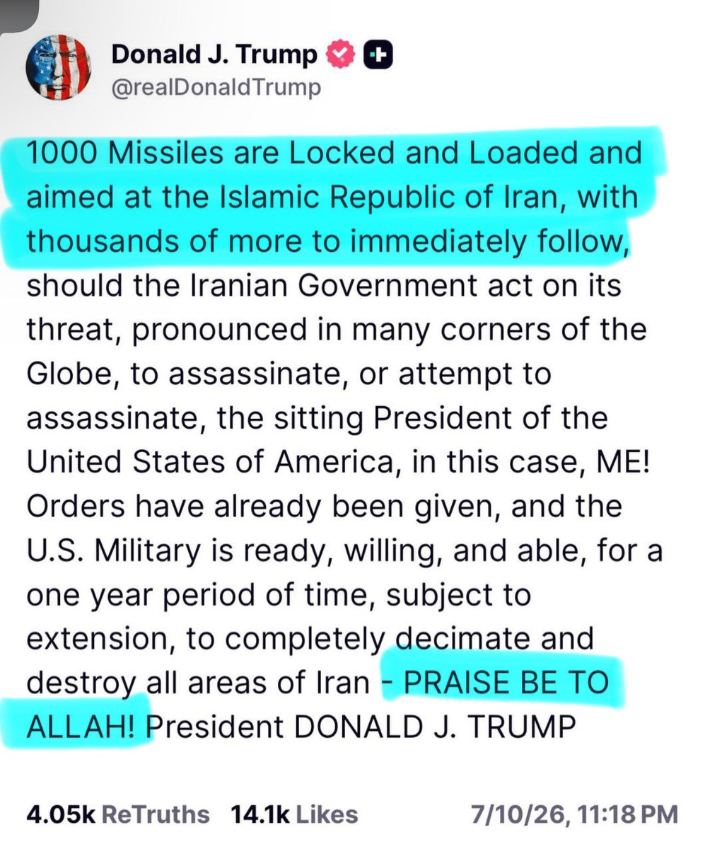 MelissaRedpill's tweet photo. 💥💥💥💥💥💥💥

President Trump is not playing with the cabal… 
(When he says globe, he means the globalist cabal.)

“Praise be to Allah” 😂
He is messing with them… Because they use that phrase “Praise be to Allah” for evil… when it really just means “Praise be to God.”

So he’s really saying, praise God for destroying this global cabal!
