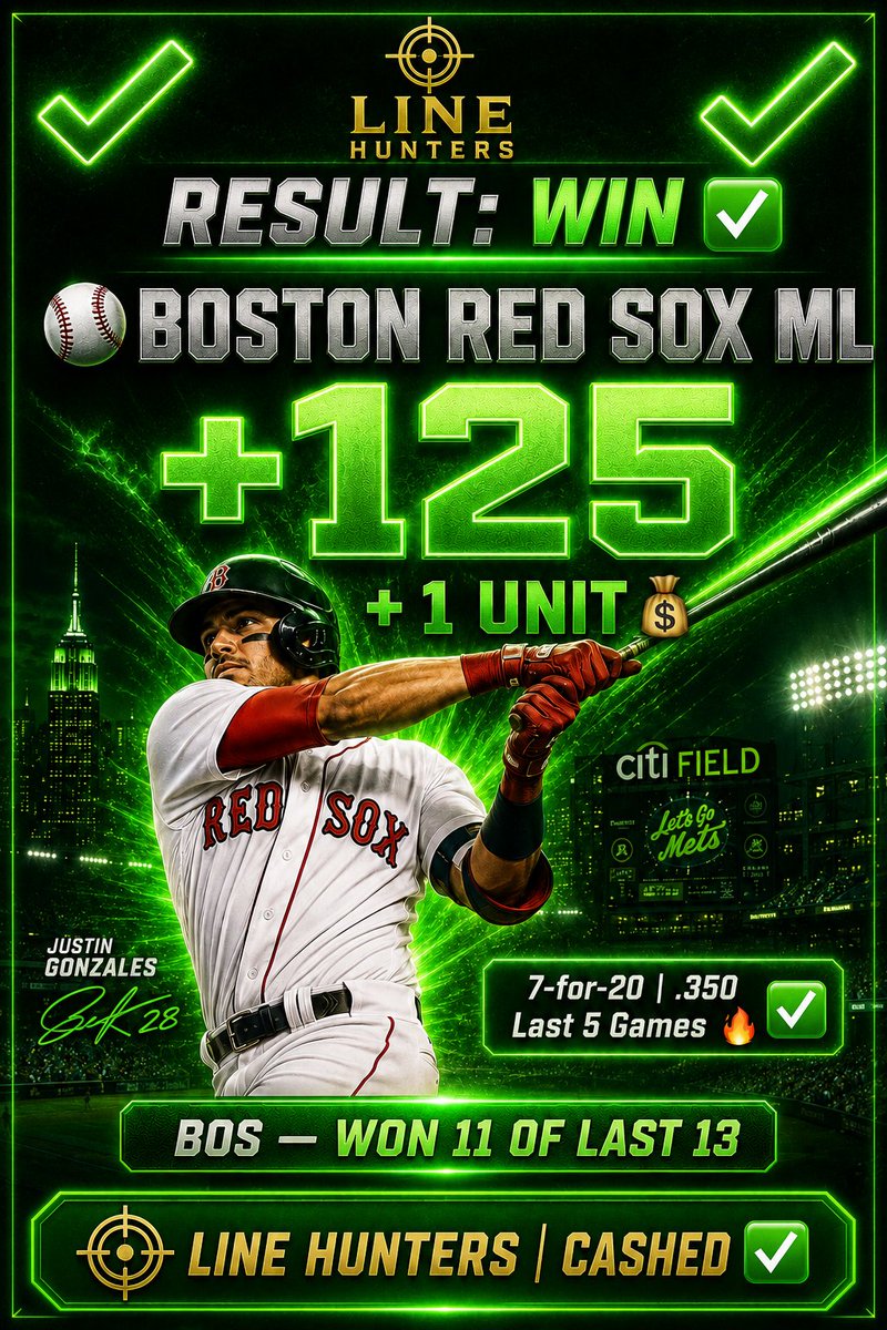 SharpLineHunter's tweet photo. ✅ RED SOX ML +125 — 
Boston keeps rolling and we kept riding. Hot team, plus money, easy call. 🎯 +1 Unit
Record: 13-4 on posted singles. Line Hunters don't miss. 🔒
Follow for free daily picks.
#LineHunters #MLB #FreePicks https://t.co/uRugZUMQqH
