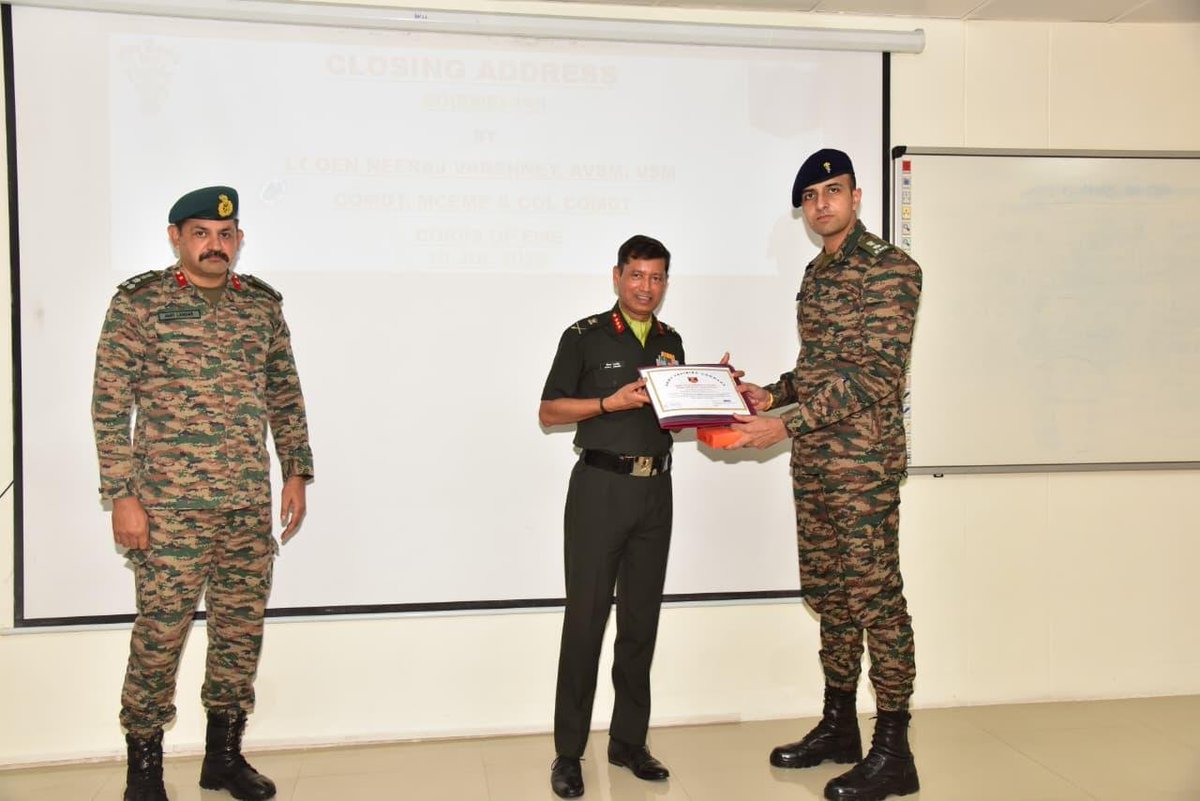 dprohyd's tweet photo. Lt Gen Neeraj Varshney, AVSM, VSM, Comdt, #MCEME & Col Comdt, Corps of #EME, delivered the Closing Address for the Officers of SO(EME)-145 Course at the Faculty of Emerging Military Technologies #FEMT on 10 Jul 2026.

Emphasising that command is both an honour & a profound responsibility, he urged Officers to uphold the highest standards of financial probity, moral courage & professional integrity. He encouraged them to prepare a clear roadmap for future command appointments, embrace lifelong learning, exercise sound judgement in complex situations & remember that true leadership lies in choosing the ‘harder right over the easy wrong’.

Drawing inspiration from the Bhagavad Gita's principle of ‘Nishkam Karma’, he called upon Officers to lead with humility, integrity & selfless service, exercise authority with wisdom & responsibility, balance technical excellence with administrative responsibilities, think long-term, innovate fearlessly & inspire through personal example. Reminding them that leadership often demands courage, resilience & decisive action over easy popularity, he urged every Officer to become a leader worthy of emulation.

Lt Col Ankur Tyagi was awarded GOC-in-C #ARTRAC Book Prize for being adjudged Best Student of the Course. 

#ARTRAC
#DGEME
@adgpi
@artrac_ia