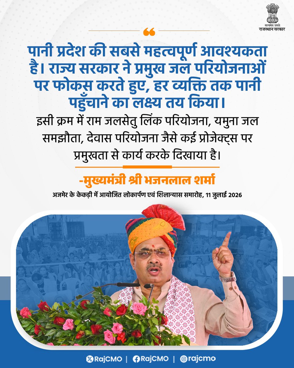 RajCMO's tweet photo. पानी प्रदेश की सबसे महत्वपूर्ण आवश्यकता है। राज्य सरकार ने प्रमुख जल परियोजनाओं पर फोकस करते हुए, हर व्यक्ति तक पानी पहुँचाने का लक्ष्य तय किया।
@BhajanlalBjp
#आपणो_अग्रणी_राजस्थान https://t.co/573CYzPaHD