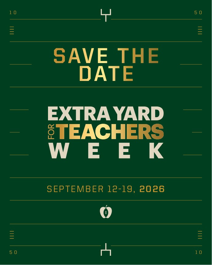 CFPExtraYard's tweet photo. The countdown is officially ON! 🏈🍏 We are exactly 9 Saturdays away from kicking off 2026 Extra Yard for Teachers Week on September 12th! #TeachersInspireChampions 

@CFBPlayoff @CollegeGameDay @ESPNCitizenship https://t.co/ykmv2O03E2