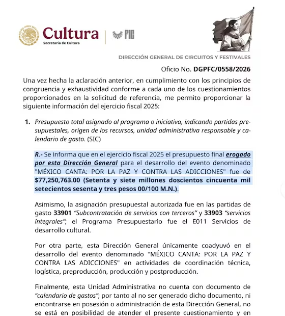 Juan_OrtizMX's tweet photo. 🗳️📌 REALITY SHOW DEL GOBIERNO COSTÓ 77 MILLONES DE PESOS

La Secretaría de Cultura gastó 77 millones 250 mil pesos en el reality México Canta.

Así lo revela una investigación de Julieta Cruz en @El_Universal_Mx.

El programa buscaba promover música sin apología de la violencia.

Pero la licitación tuvo una sola propuesta, destaca el reportaje.

La presentaron Exo Films y Prestadora de Servicios Atenea.

Y se llevaron el contrato.

Las empresas quedaron a cargo de alimentación, carpas, mobiliario, escenarios, producción audiovisual, traslados, hospedaje y protección civil.

El monto original tenía un tope de 70 millones.

Después se modificó.

Y terminó en 77 millones.

También hubo otro contrato por 250 mil pesos para coordinar montajes, ensayos y pruebas.

Las empresas ganadoras ya habían tenido contratos con el gobierno de Durango.

Ahí vendieron lonas, frazadas y despensas.

https://t.co/ADTAcxHyKa
