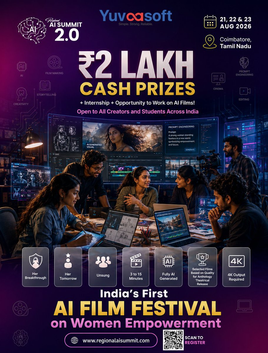 RegionalAI's tweet photo. India's first AI Film Festival on Women Empowerment.

Your film. 
Your story. 
A real stage. 
A real audience.

Rs. 2,00,000 total prize pool.

The future of storytelling is being written right now.
Are you writing it.

👉 https://t.co/UnuK2N6lVq

#AIFilmFestival #Kovai #RAS2026 https://t.co/EgQ7iGub8I