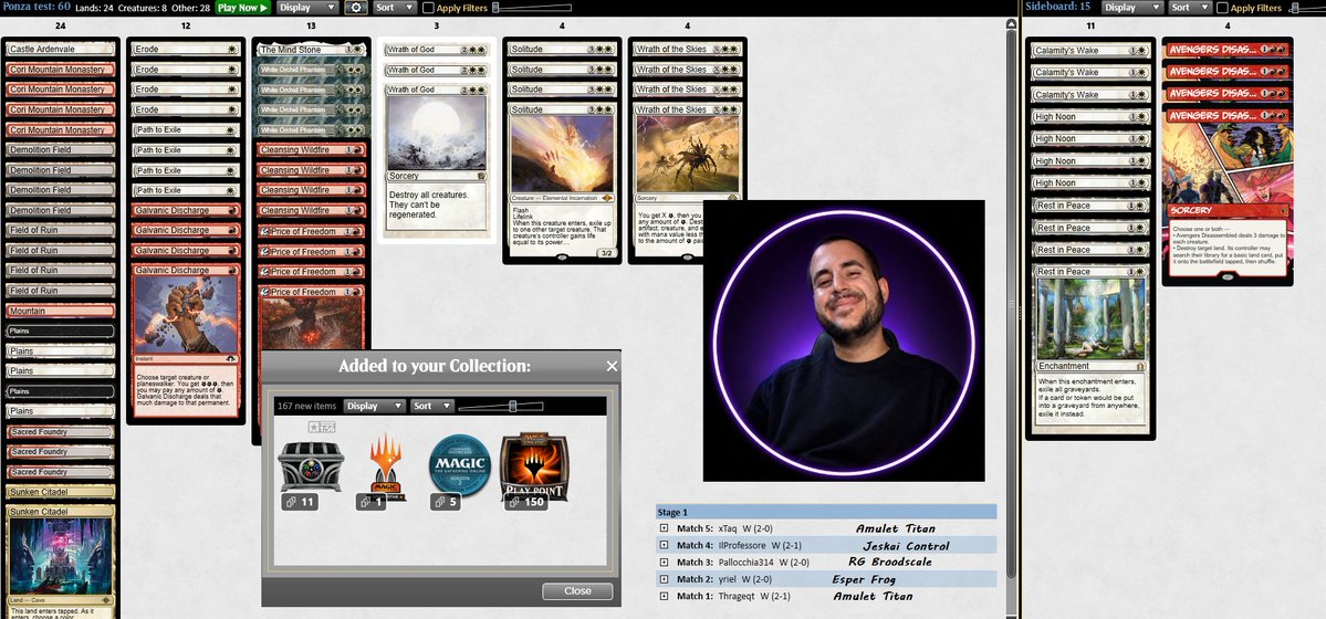 Natity97's tweet photo. One last fresh 5-0 before a few days off. 😎

Still Boros Ponza. Still dominant. 🏆 6th trophy of the season and up to #3 on the ladder.

Vegas... what a player. ❤️ Kisses to everyone, pretty or ugly. 😘

#BorosPonza #MTG #MagicTheGathering #Ladder #Champion https://t.co/KxeKtcjN8u