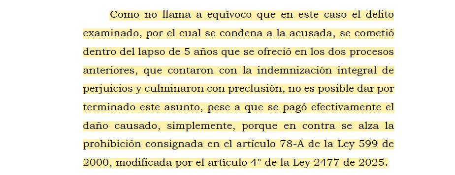 Melovides's tweet photo. Niegan la extinción de la acción penal por reparación integral a una mujer que había delinquido dentro de los 5 años anteriores, situación que constituye una prohibición para aplicar este beneficio. https://t.co/hLX6JehZC2 https://t.co/nbUkc38ijV