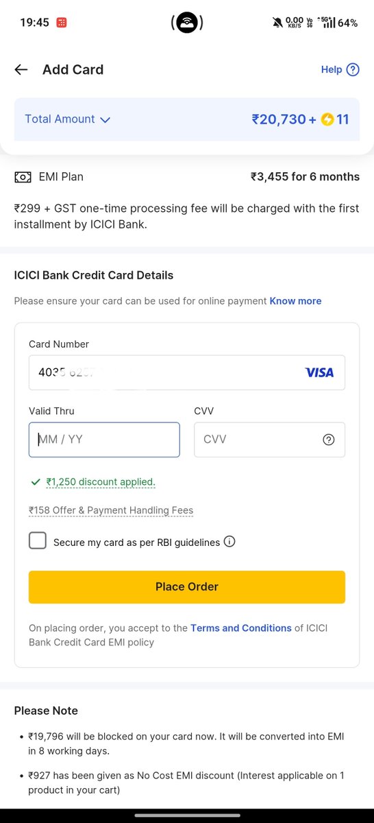 DesiExport's tweet photo. Classic drip pricing by @Flipkart! Total changed at checkout. On the final CVV page, a hidden ₹158 "Offer &amp; Payment Handling Fee" was quietly added for using ICICI EMI.
Violates CCPA Dark Pattern Guidelines.

@jagograhakjago @consaff_india @joshicm #ConsumerRights #DarkPatterns https://t.co/jNNQEhjEg4