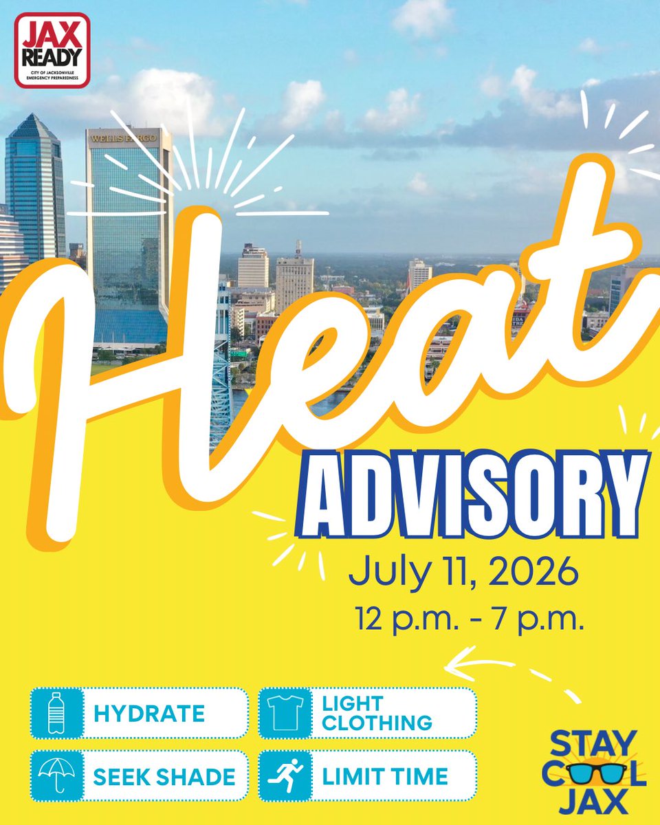 JaxReady's tweet photo. July 11, 2026

🌡️ A Heat Advisory is in effect again today for Duval County. Hot temperatures and heat index or “feels like” temperatures up to 110° are forecast, creating conditions that can quickly lead to heat-related illness.

The City of Jacksonville’s Cooling Center Contingency Plan remains activated. Cooling Centers are open at all City of Jacksonville libraries, community centers, pools, and splash pads during their normal operating hours to help residents stay cool.

🚍 JTA will provide free transportation to a Cooling Center if you need it.

Take a few simple steps to stay safe:
💧 Drink water throughout the day
☀️ Limit strenuous outdoor activity during the hottest part of the day
🏠 Take breaks indoors or in the shade
🚗 Never leave children or pets in a parked vehicle
🧠 Know the signs of heat illness and act quickly if someone becomes ill

Learn more at https://t.co/xSnvCdBC48.