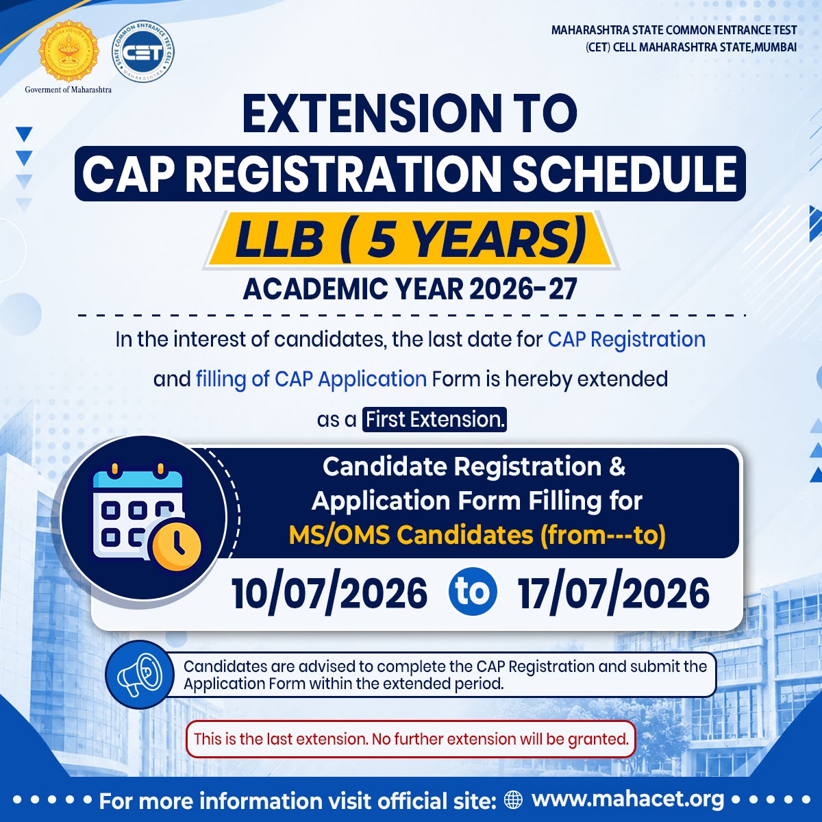CETCELL's tweet photo. Extension to CAP Registration Chedule LLB (5 Years) Academic Year 2026-27 https://t.co/o8HFASjmSo