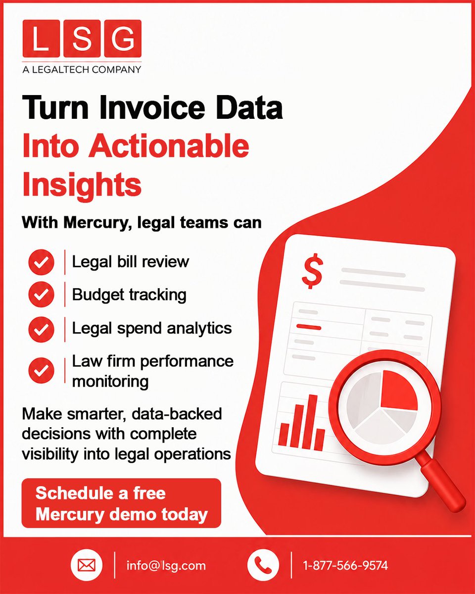 lsgcorporate's tweet photo. Your legal invoices are more than bills—they're a source of valuable insights.

Turn invoice data into smarter legal decisions.

Book your Mercury demo today.

#LegalOperations #MercuryELM #LegalSpendManagement #LegalTech https://t.co/nCZURETNMh