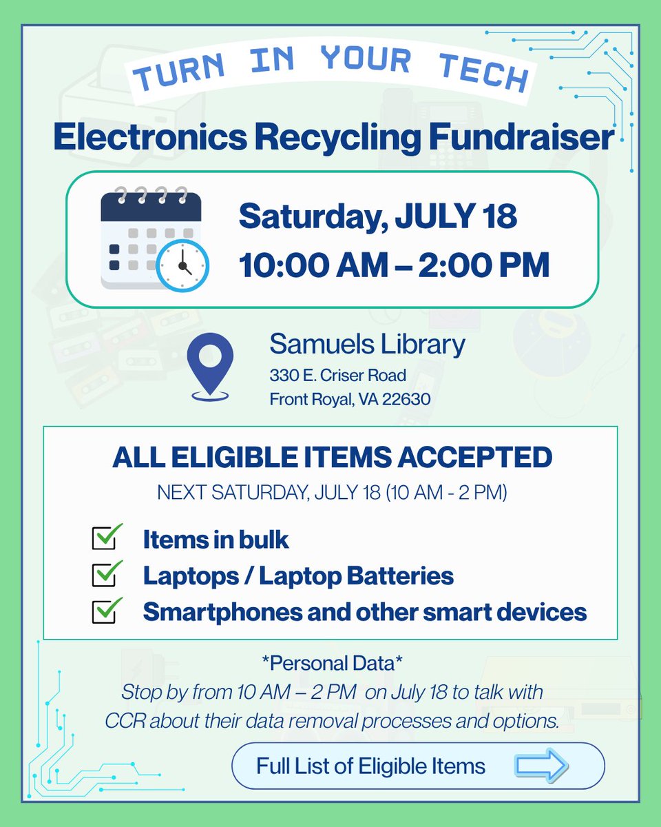 samuelslibrary's tweet photo. 📅Next Saturday, July 18 is our last day for the Electronics Recycling Fundraiser!
Bring us your tech - CCR will be onsite from 10 AM - 2PM to haul it all away. 🚚
Make sure to come see us before 2 PM, as it will be the last day of the fundraiser.
#SamuelsLibrary #FrontRoyal https://t.co/bVvnwmeFVw