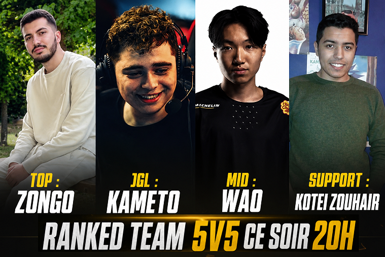 Waolol's tweet photo. CE SOIR 20H RETOUR DES 5V5 RANKED TEAM AVEC UNE LINE UP COMPOSÉ D'ANCIENS PROS

TOP : @Zongolol 
JGL : @Kammeto 
MID : @Waolol 
ADC : @K0ba_lol 
SUPPORT : @KoteiZousa 

si ça vous plait chaque semaine on en fera avec d'autres personnes ! https://t.co/AEXzXNd6Ap