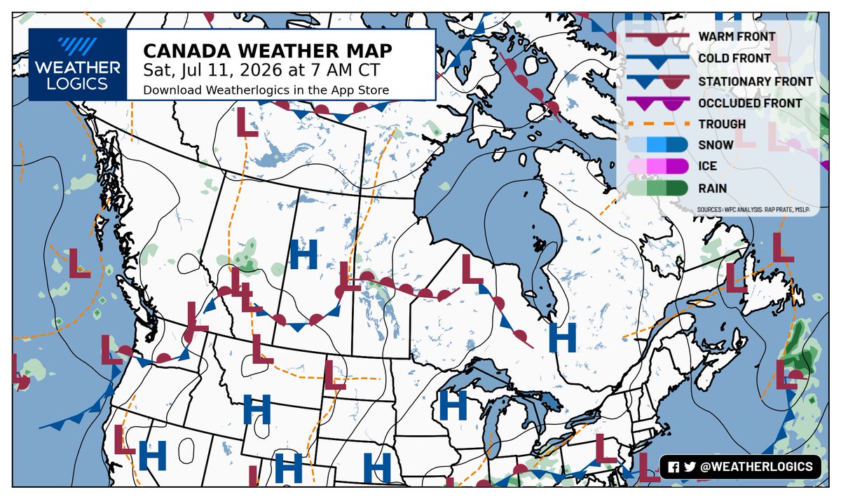 weatherlogics's tweet photo. Canada weather map - Saturday, July 11, 2026

#bcwx #abwx #skwx #mbwx #onwx #meteoqc #nbwx #nswx #pewx #nlwx https://t.co/sK8D9DlekY