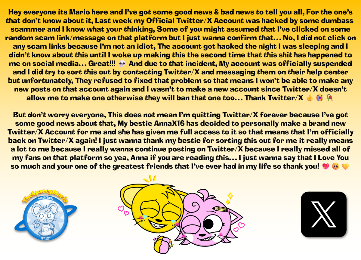 TheSpaceyMario2's tweet photo. Hey guys It's me Mario here, I just wanna say that I'm officially back on Twitter/X again on a brand new account after one week of being inactive from it + after they banned my old account

Shout out to my bestie @angelika_leyva for helping me make this account! Read Below ⬇️⬇️⬇️ https://t.co/Hh2atV8YfH