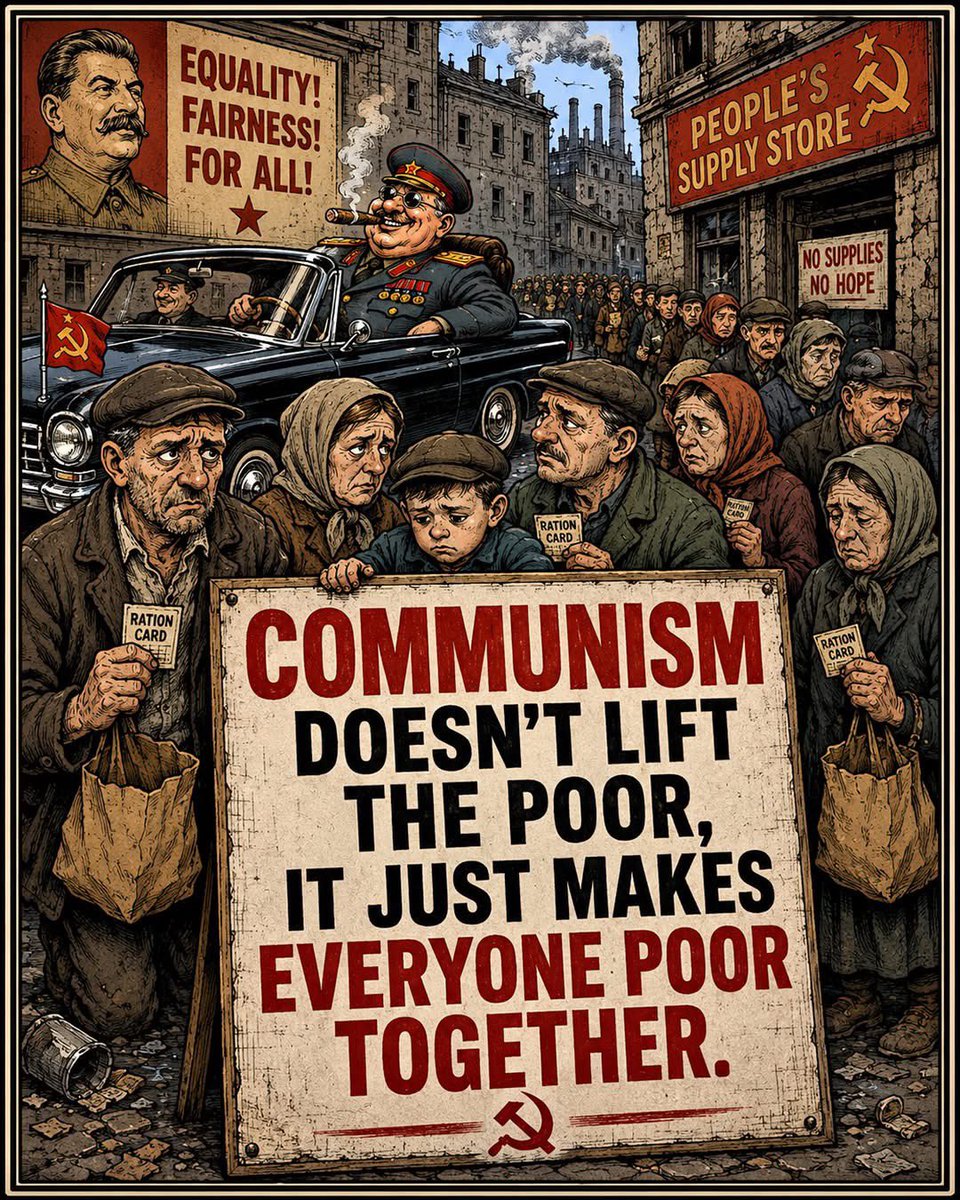 ToniLL22's tweet photo. Communism doesn’t lift the poor, it just makes everyone poor together. 🎯🎯🎯

The commissar rides. The people wait in line. That is the whole story in one picture, and it is not an exaggeration.

This meme lands harder in July 2026 than it would have five years ago.

On the Fourth of July, the Democratic Socialists of America announced they had passed 120,000 members. They declared themselves the largest socialist organization in United States history, surpassing Eugene Debs's Socialist Party of America, which peaked at 113,000 in 1912.

They are not hiding the destination. David Jenkins sits on the DSA's National Political Committee, the organization's top governing body. On camera, he said it plainly. Our goal is liberation. Our goal is communism. 

The Democratic Party is not slamming that door. It is holding it open. DSA-backed candidates took down Democrat incumbents in New York and Colorado this primary season, and a DSA-aligned candidate won her primary for mayor of Washington, D.C. A DSA member already runs New York City. A recent Economist/YouGov survey found 58 percent of Democrats view socialism favorably, and 62 percent said they would vote for a candidate who identifies as a Democratic Socialist. 

History already ran this experiment. Moscow. Havana. Caracas. Pyongyang. The result was never shared wealth. It was shared want, ration cards, and a small ruling class gliding past the line in a black sedan.

Even China figured out half of it. Beijing remains authoritarian to the bone, but it opened markets, permitted private enterprise, and lifted hundreds of millions out of poverty. It did that by walking away from central planning, not toward it.

Madison mapped the machinery in Federalist No. 62. When government becomes unstable and unbounded, he warned, the real winners are "the sagacious, the enterprising, and the moneyed few." The insiders. The connected. The man with the cigar and the car.

The people in that ration line are not the enemy. They were promised fairness and handed an empty sack. We oppose the idea completely. We do not despise the people it fooled.