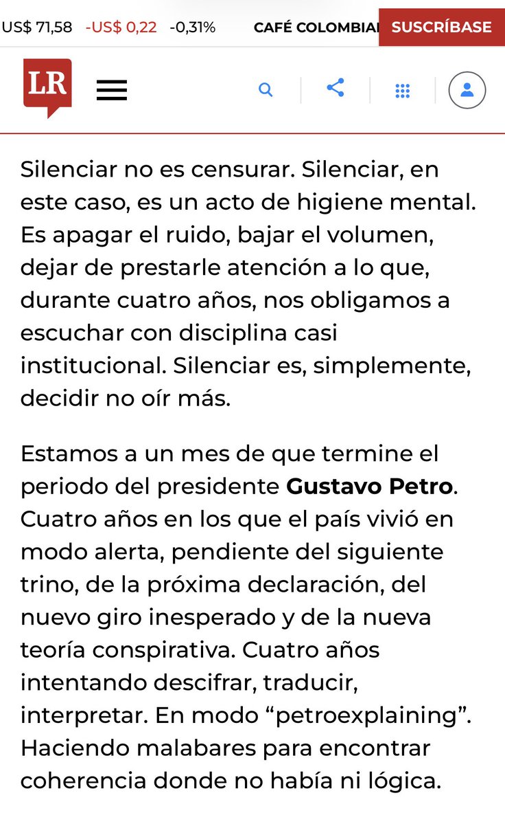 VictorMosqueraM's tweet photo. Este es el artículo que irresponsablemente @petrogustavo tergiversa, exponiendo a la periodista @Maryaristizabal a un riesgo para su vida e integridad personal.

La columna no propone censurar al presidente ni impedirle hablar. Dice expresamente: “Que diga lo que quiera”. Su planteamiento es que los ciudadanos y los medios pueden decidir libremente no amplificar cada una de sus declaraciones.

Al presentar esa opinión como una expresión de “violencia y exclusión”, el presidente atribuye a la periodista una intención que el texto nunca contiene. No responde sus argumentos; los sustituye por una acusación distinta.

Desde la más alta magistratura del Estado, esa forma de estigmatización es especialmente grave, porque puede incentivar hostigamientos y exponer a la periodista a un mayor riesgo para su vida e integridad personal. En una democracia, el poder responde con argumentos, no señalando a quienes ejercen el periodismo. @CIDH @ONUHumanRights @IntlCrimCourt @CorteIDH
