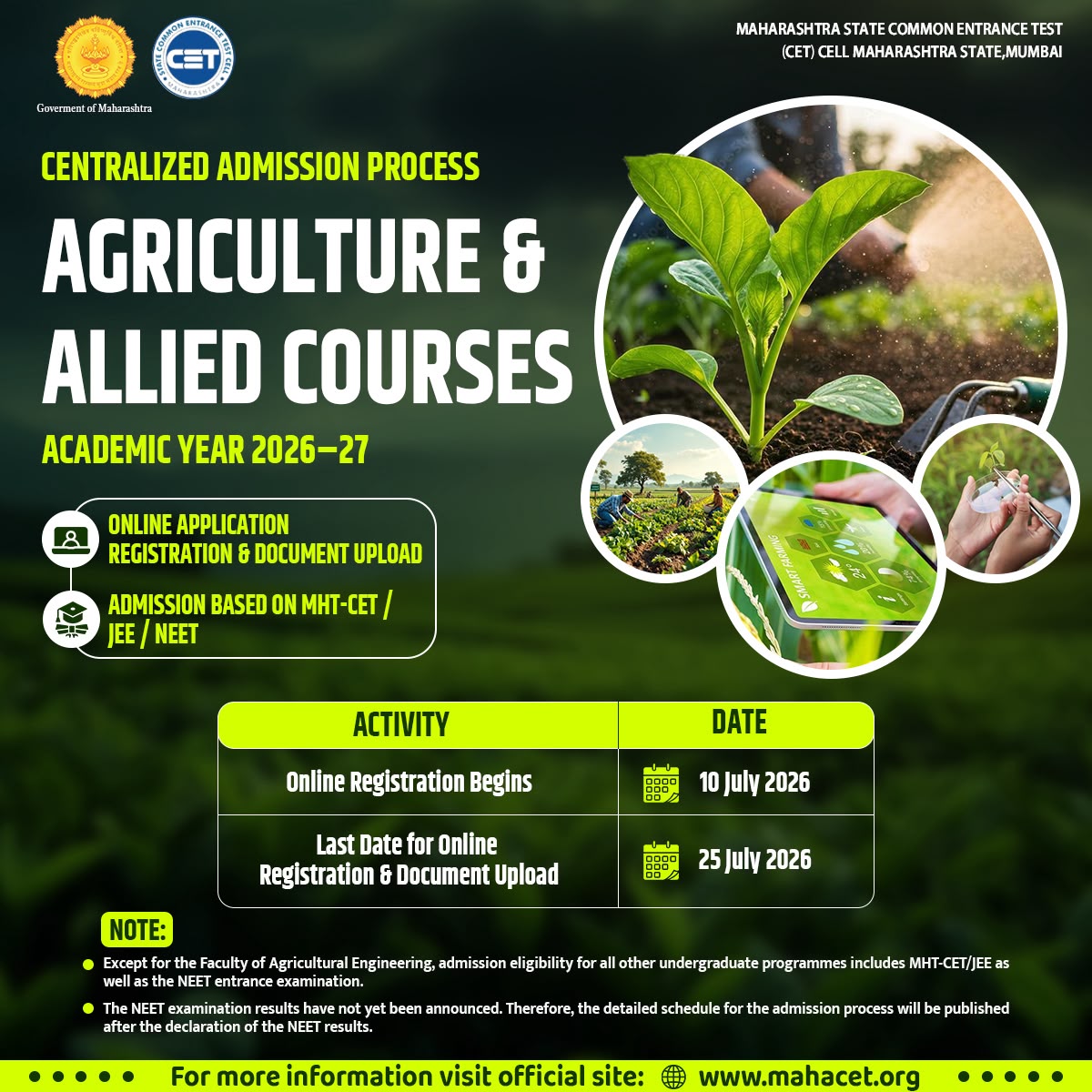 CETCELL's tweet photo. CENTRALIZED ADMISSION PROCESS
AGRICULTURE &amp; ALLIED COURSES
ACADEMIC YEAR 2026-27 https://t.co/iqPQhFDQci