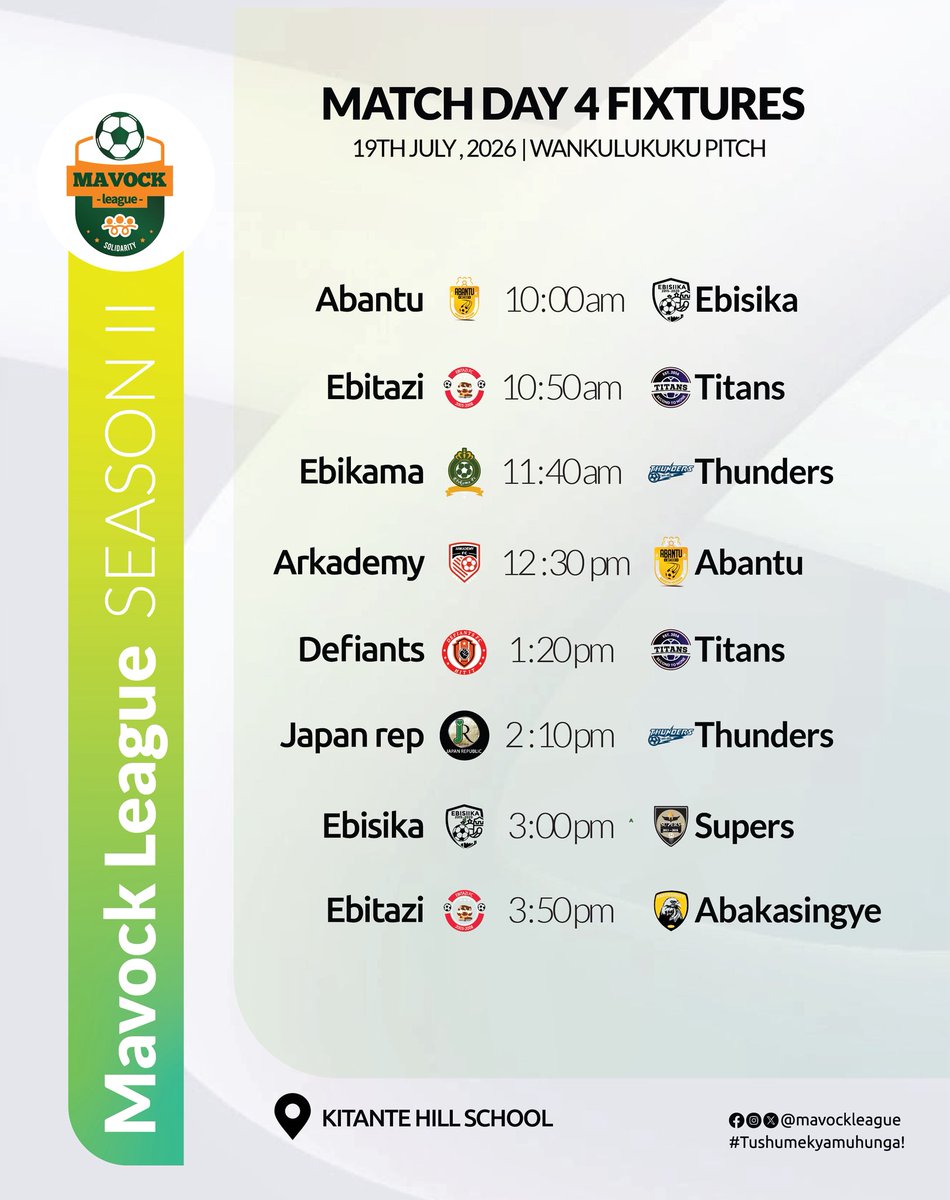MavockLeague's tweet photo. Matchday 4️⃣ fixtures 🔌⚡️.

19/07/2026,
Kitante hill school.
 
#MavockleagueSn2 
#Tushumekyamuhunga 
Mashonga pitch      |    Wankulukuku pitch https://t.co/arp5CIey9h
