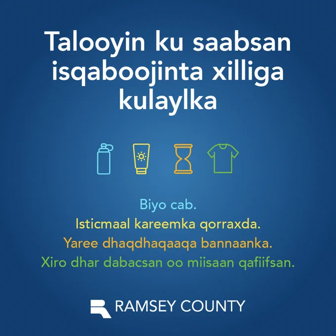 Icons: water bottle, sunscreen, hourglass, tshirt. Tips for staying gool in the heat in Somali.
