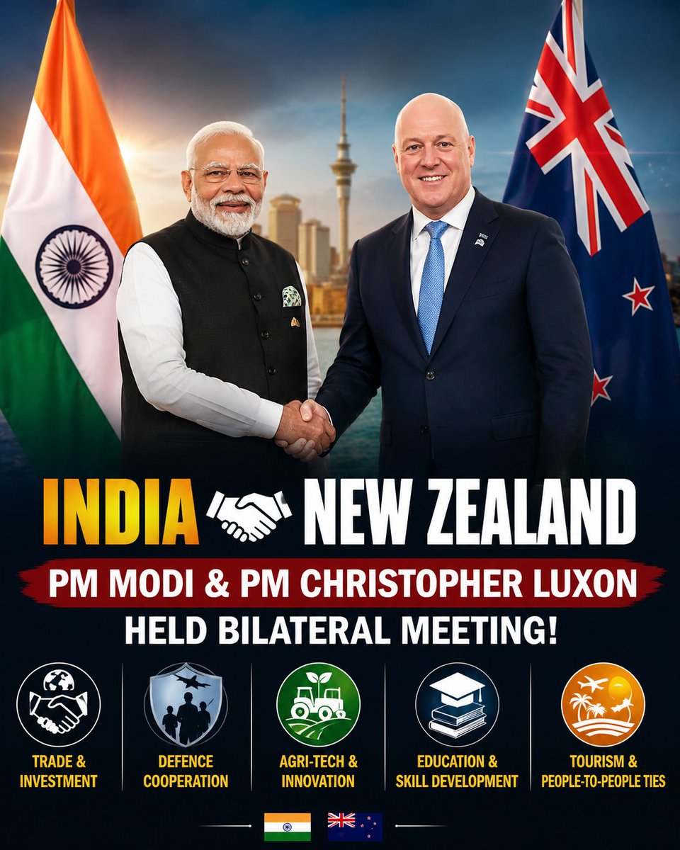 FlashFact24's tweet photo. 🇮🇳🤝🇳🇿 PM Modi and NZ PM Christopher Luxon held a bilateral meeting! Following talks with top CEOs and business leaders, both leaders discussed the full spectrum of ties — trade, defence, agri-tech, education and tourism.
#IndiaNewZealand #PMModi https://t.co/ifZCxekHC2