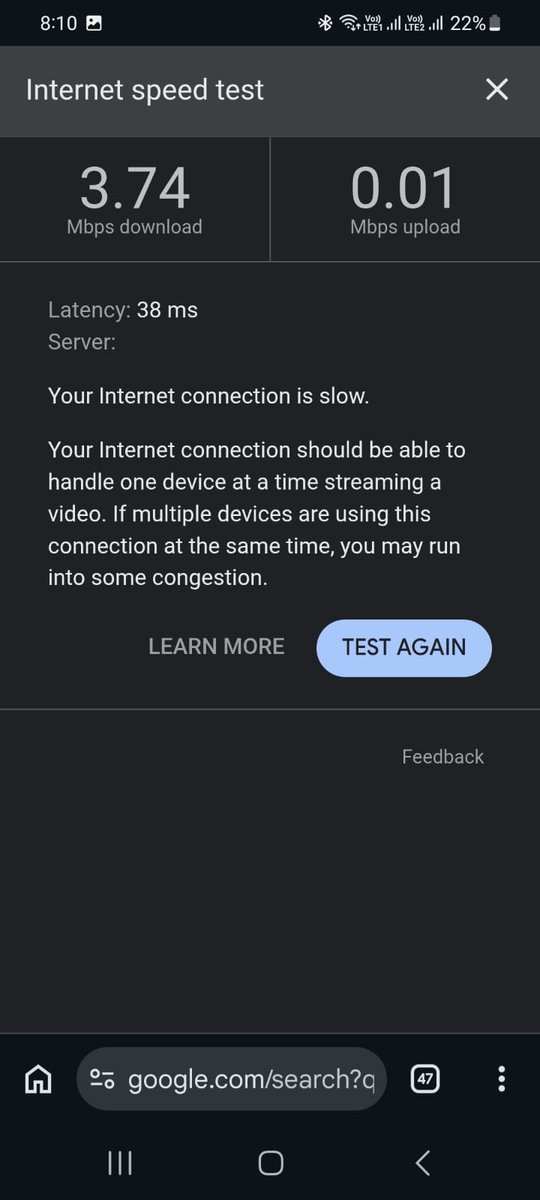 bsingh54's tweet photo. @JioCare  
I have a 30MBPS Jio Fiber but internet speed I have been receiving for the last  3 to 4  days is not even 20% of the speed I pay for. I tried everything, ran diagnostics, restarted router and phone, checked for 5 G &amp; 2.4 G but to no avail. Plz see screenshot below. https://t.co/LHaDvIToL1