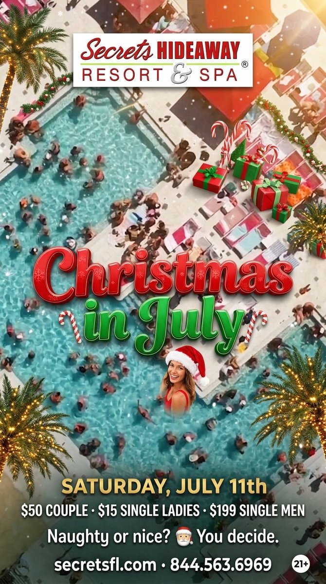 SecretsHideaway's tweet photo. Santa took a wrong turn. 🎅🌴
Christmas in July · Saturday July 11th · Secrets Hideaway
Naughty or nice? You decide. 🍍😏 https://t.co/DBABkmetiE https://t.co/8SGm9mQVsZ
