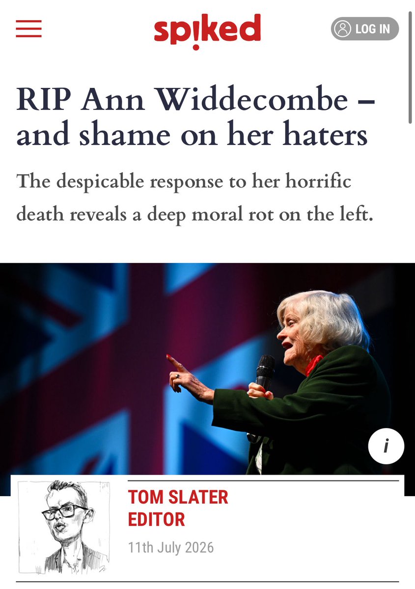 Tom_Slater_'s tweet photo. ‘Imagine if the details were different – if the death of a young, famously care-free Labour woman prompted televised musings of how she *was* a bit of a slag. The pundit would be lucky to ever darken a studio again’

Me on Ann Widdecombe’s despicable haters https://t.co/chgxqClCo2