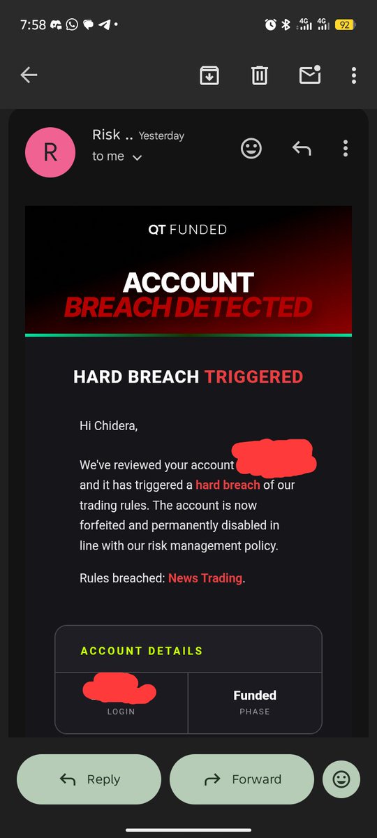 Dexton01's tweet photo. @QtFunded @JamesQuantTekel
I made a payout request on 9 July. Got a mail title: HARD BREACH TRIGGERED as a result of News Trading.

I never traded during restricted News Window and moreover it's a QT Power Account (News Trading Allowed)

Please fix this and send my payout. https://t.co/ik1efpkPP0