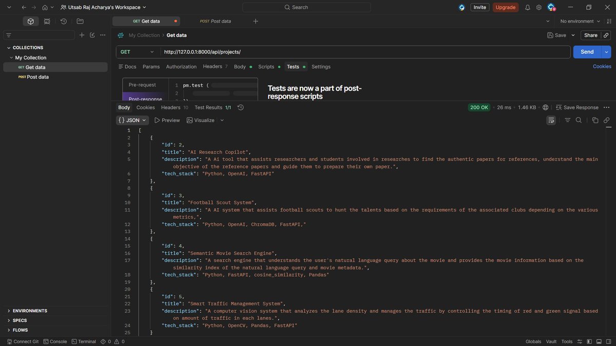 acharyautsab7's tweet photo. #LSPPDay41

Continued learning Django REST Framework.

✅ Built CRUD API views
✅ Implemented GET, POST, PUT &amp; DELETE
✅ Used APIView
✅ Tested endpoints with Postman

@lftechnology
#60DaysOfLearning2026 #LearningWithLeapfrog https://t.co/yKxR5026VU