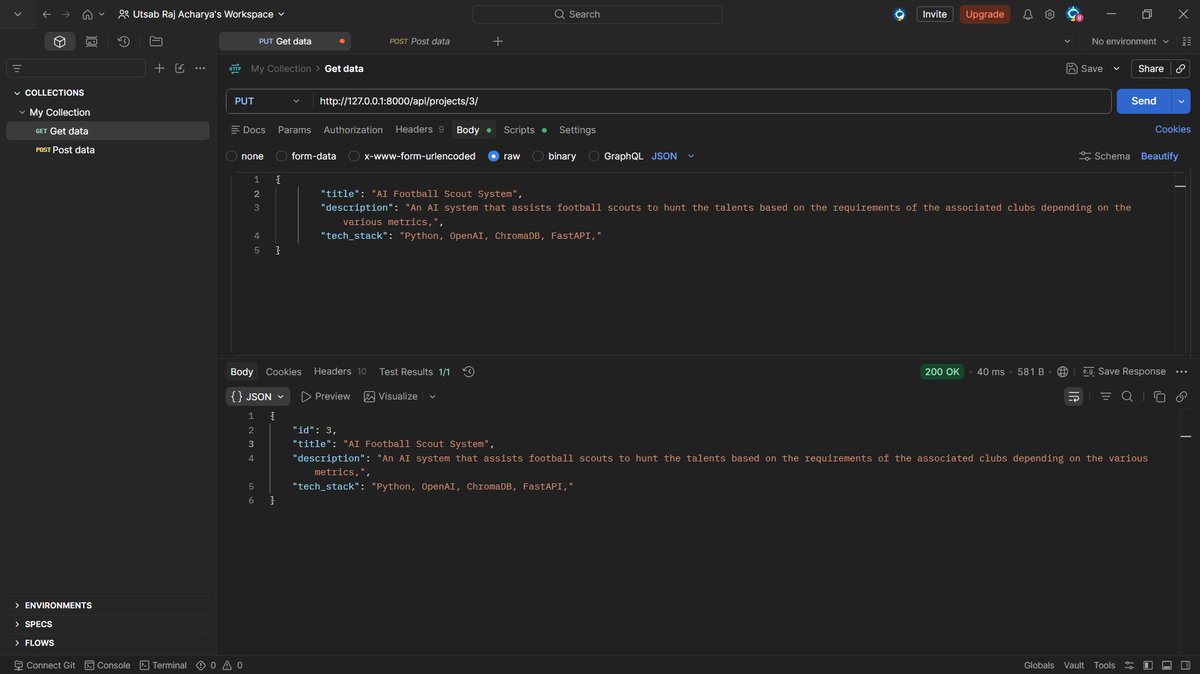 acharyautsab7's tweet photo. #LSPPDay41

Continued learning Django REST Framework.

✅ Built CRUD API views
✅ Implemented GET, POST, PUT &amp; DELETE
✅ Used APIView
✅ Tested endpoints with Postman

@lftechnology
#60DaysOfLearning2026 #LearningWithLeapfrog https://t.co/yKxR5026VU