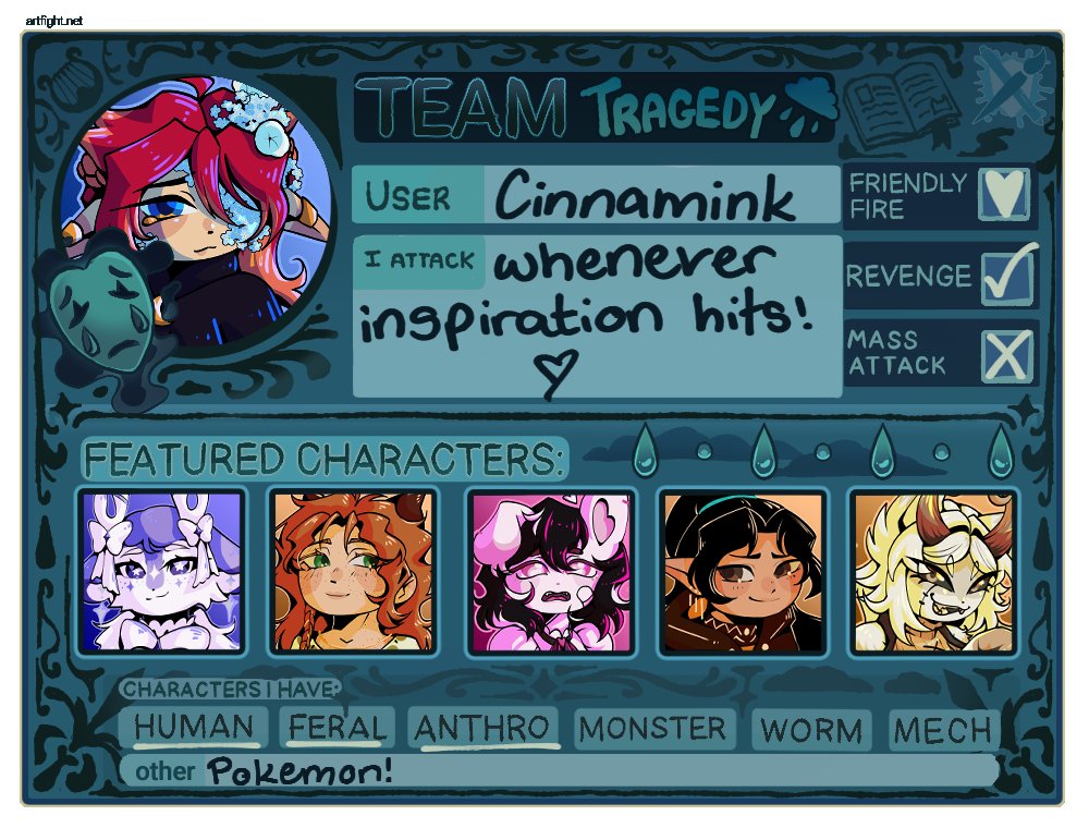 Cinnaminkk's tweet photo. Omg I'm doing artfight btw!!!
I've got a ton of characters up this year teehee, my wrist is mostly better and the only thing I've got going against me is prior commitments!! :D
#artfight #artfight2026 #teamtragedy https://t.co/h4f1HwOwhv