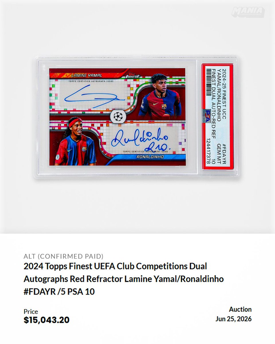 ManiaCollect's tweet photo. A dual autograph featuring Ronaldinho and Lamine Yamal has sold for $15,043 🤯💰

The 2024 Topps Finest UCC Red Refractor Dual Auto is numbered to just /5, pairing a Barcelona legend with one of football's brightest young stars 🔥 https://t.co/wGUgGv8epn