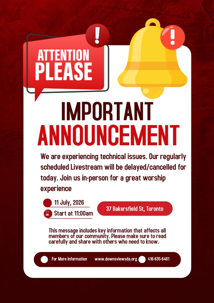 DownsviewChurch's tweet photo. Due to technical issues, today's livestream is delayed/cancelled. Join us in-person on 11 July at 11:00am, 37 Bakersfield St, Toronto. Visit https://t.co/QidDnjueax or call 416-635-6461 for info. #CommunityUpdate #WorshipTogether #TorontoEvent https://t.co/R8WRA8v7Zh