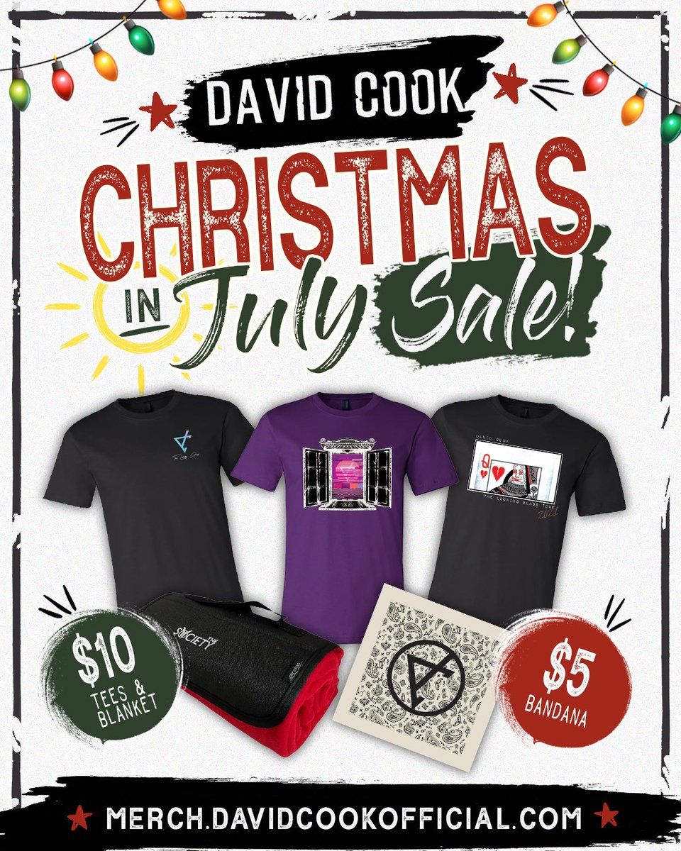 FoolsApril64's tweet photo. π
Santa came early! Itβs πChristmas in βοΈJuly! Go grab some DAVID COOK tees & blankets for $10 and bandanas for $5 at https://t.co/LqNbRjuQdq!
#merch #christmasinjuly #sale #davidcook https://t.co/Y0Q1MwHn95