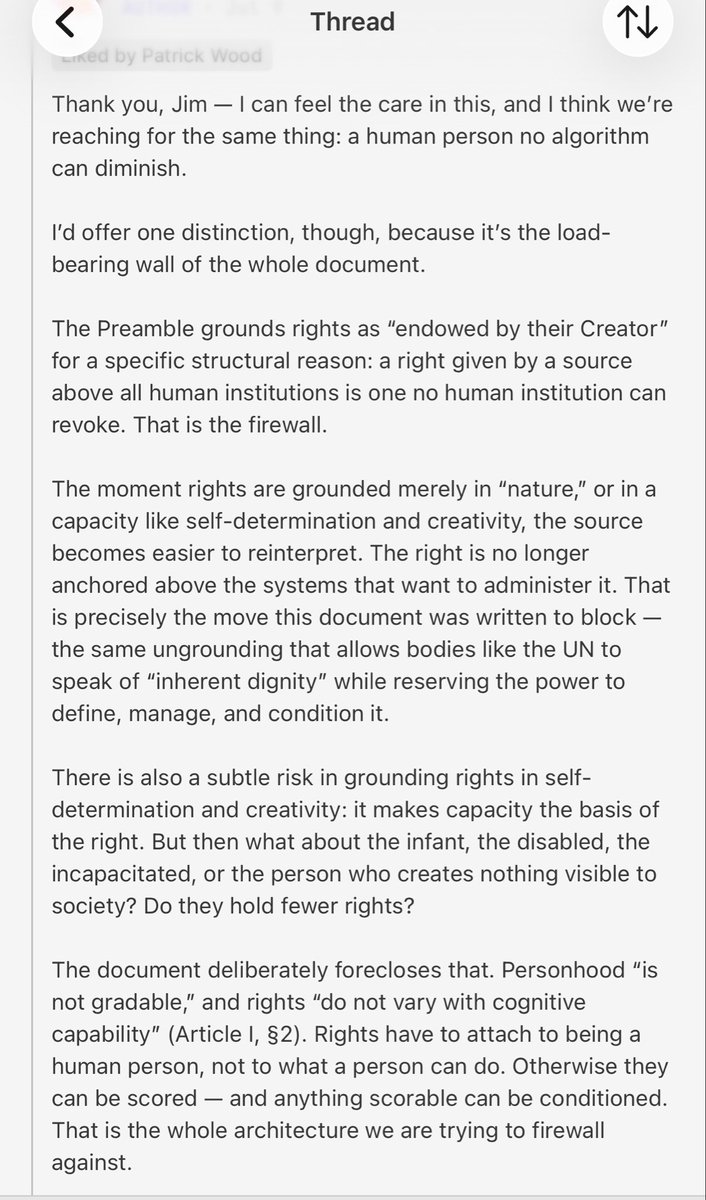 CourtenayTurner's tweet photo. This is 10000% correct! I’ve been saying this for a long time and I feel like I howl at the wind. 💨 

Left - Right are dialectical poles churning towards the same “becoming” project. 

Being anchors rights inherent in fixed nature and dignity conferred by our creator! The imago dei anthropology possess rights that no government nor system can revoke because they never granted them in the first place! Until this is understood by more than a few and by those willing to to defend the metaphysical firewall we were blessed by our founders to have codified into a political legal document, the dialectic will churn towards the omega point, world Geist, singularity etc. that the becoming lineage uses humans as biological substrate nodes to create. 

I recently had this back and forth regarding the Digital Bill of Rights for the States that Patrick and I drafted! It was incredibly concerning to see how few Americans understand the metaphysical firewall 🔥 that our initial Declaration of Independence codified!! 

“The Declaration requires a transcendent, antecedent source capable of placing rights beyond every institution and historical process.

Unalienability depends on a radical asymmetry between Creator and creation: a source antecedent to the created order, complete in itself, and not dependent upon the world’s unfolding. That is what places the right beyond the jurisdiction of anything within the order. No state, institution, majority, technology, or historical process can revoke what none of them conferred.

Process theism reconfigures that asymmetry in precisely the place that matters here. Its God is relationally implicated in the world’s becoming and, in important respects, affected by that process. However sophisticated the model, it does not provide the same immutable ground standing prior to the order whose powers we are trying to limit.

That has political consequences. Once the ground of the right is metaphysically implicated in becoming, rights themselves can more readily be construed as historically developing realities — capable of reinterpretation, renegotiation, and administration as the process “advances.” That is precisely the Becoming-lineage move this document was written to refuse.”

https://t.co/2bMokuOMOa