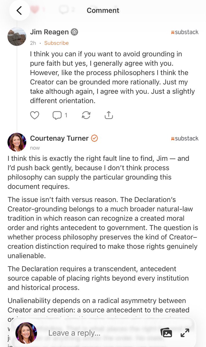 CourtenayTurner's tweet photo. This is 10000% correct! I’ve been saying this for a long time and I feel like I howl at the wind. 💨 

Left - Right are dialectical poles churning towards the same “becoming” project. 

Being anchors rights inherent in fixed nature and dignity conferred by our creator! The imago dei anthropology possess rights that no government nor system can revoke because they never granted them in the first place! Until this is understood by more than a few and by those willing to to defend the metaphysical firewall we were blessed by our founders to have codified into a political legal document, the dialectic will churn towards the omega point, world Geist, singularity etc. that the becoming lineage uses humans as biological substrate nodes to create. 

I recently had this back and forth regarding the Digital Bill of Rights for the States that Patrick and I drafted! It was incredibly concerning to see how few Americans understand the metaphysical firewall 🔥 that our initial Declaration of Independence codified!! 

“The Declaration requires a transcendent, antecedent source capable of placing rights beyond every institution and historical process.

Unalienability depends on a radical asymmetry between Creator and creation: a source antecedent to the created order, complete in itself, and not dependent upon the world’s unfolding. That is what places the right beyond the jurisdiction of anything within the order. No state, institution, majority, technology, or historical process can revoke what none of them conferred.

Process theism reconfigures that asymmetry in precisely the place that matters here. Its God is relationally implicated in the world’s becoming and, in important respects, affected by that process. However sophisticated the model, it does not provide the same immutable ground standing prior to the order whose powers we are trying to limit.

That has political consequences. Once the ground of the right is metaphysically implicated in becoming, rights themselves can more readily be construed as historically developing realities — capable of reinterpretation, renegotiation, and administration as the process “advances.” That is precisely the Becoming-lineage move this document was written to refuse.”

https://t.co/2bMokuOMOa