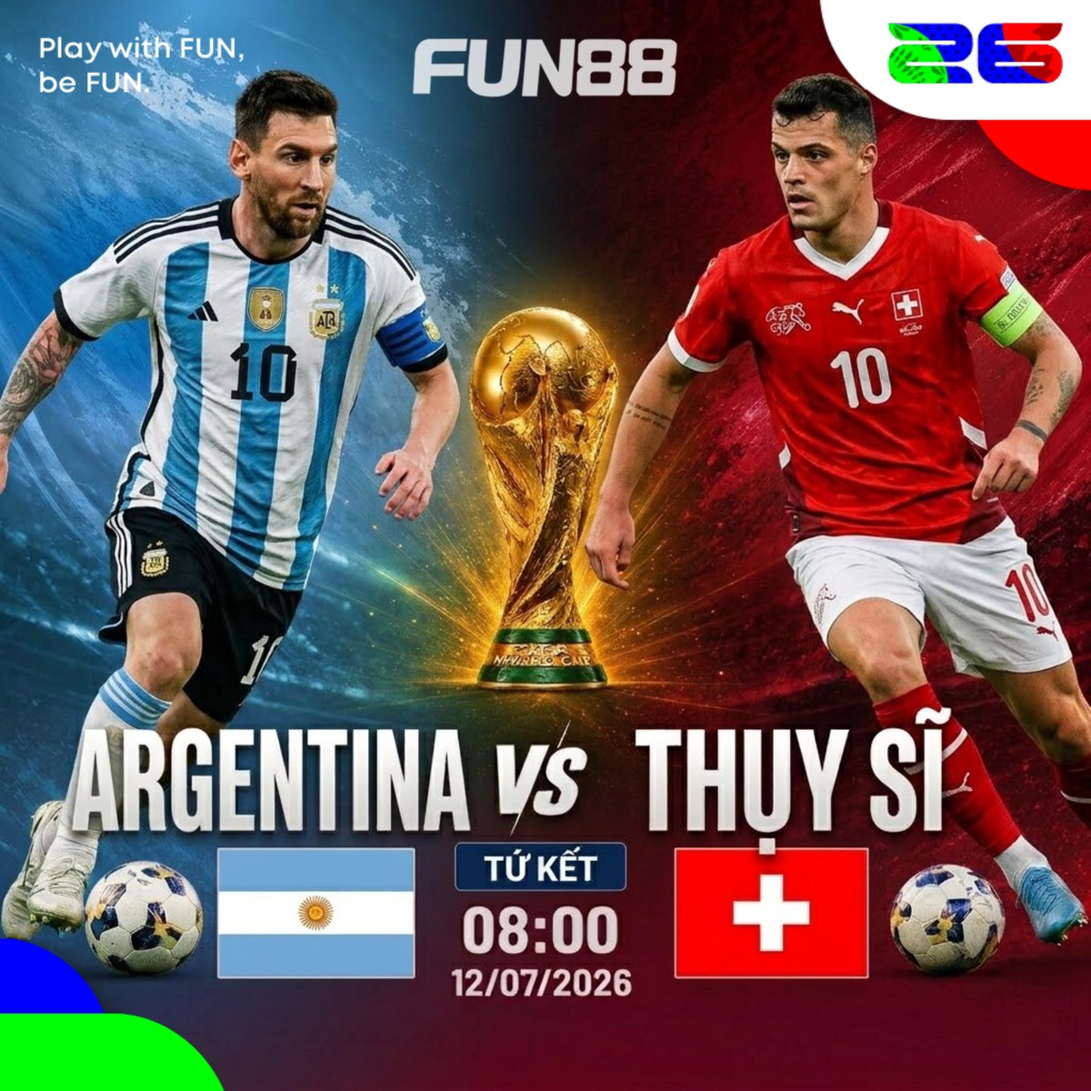 Fun88officialVN's tweet photo. 🇦🇷⚔️🇨🇭 ARGENTINA VS THỤY SĨ | TẤM VÉ CUỐI CÙNG VÀ BÁN KẾT SẼ THUỘC VỀ AI?

⚽ Tứ kết World Cup 2026
⏰ 8h00 - 12/07/2026

Một bên là Argentina vừa "thoát hiểm" ngoạn mục sau cú lội ngược dòng đầy cảm xúc trước Ai Cập. Bản lĩnh của nhà ĐKVĐ và cái duyên của Messi tại sân chơi World Cup là điều không thể bàn cãi. 🔥

Tuy nhiên, trước một Thụy Sĩ đích thị là hòn đá tảng khó xơi, Argentina khó lòng giải quyết trận đấu trong 90 phút chính thức. Trục giữa Granit Xhaka và Remo Freuler thi đấu cực kỳ kín kẽ và lì lợm. 👀

Kịch bản hai đội hòa nhau trong hai hiệp chính và kéo nhau vào hiệp phụ hoặc loạt sút luân lưu cân não là rất dễ xảy ra. Anh em nghĩ sao? 👇

#playwithFUNbeFUN #AndrésIniesta #WorldCup2026 #Argentina #Switzerland